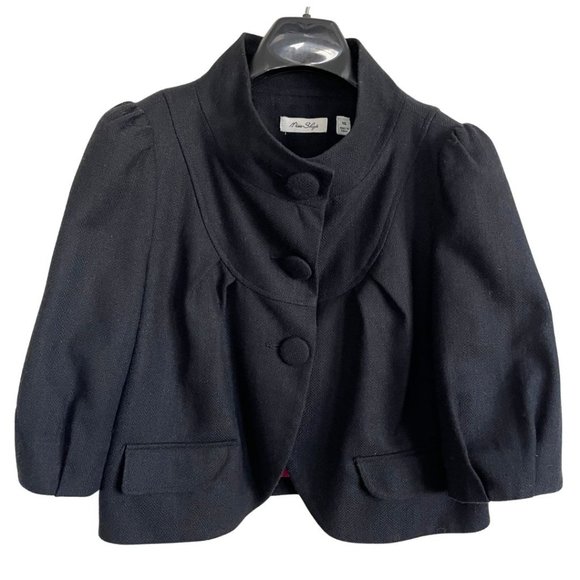 Miss Shop Black Wool Cropped Jacket Coat US Size 6 Retro Funnel Neck - Picture 2 of 7